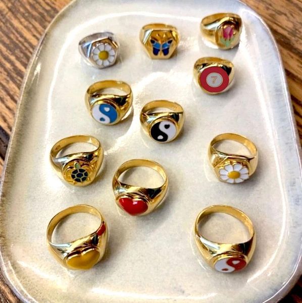 

cluster rings fashion womens alloy drip oil ring small daisy tulip clover heart gossip tai chi adjustable wedding jewelry for girls, Golden;silver