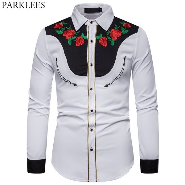 Homens Rosa Flor Bordado Camisa Ocidental Homem Mexicano Camisas Brancas Slim Fit Manga Longa Festival de Partido Cowboy Traje Câmeras 210522