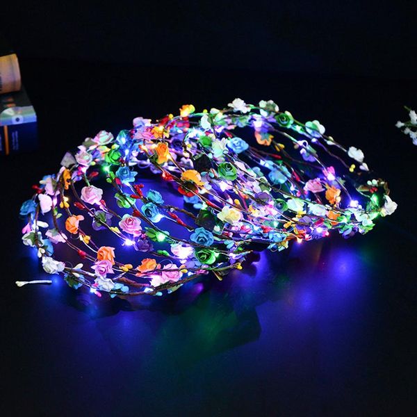 

flashing led strings glow flower crown headbands light party rave floral hair garland luminous wreath wedding flower gift, Slivery;white