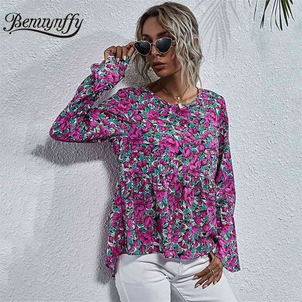 

round neck floral print high low blouse women autumn flared long sleeve boho casual ruffle hem blouses 210510, White
