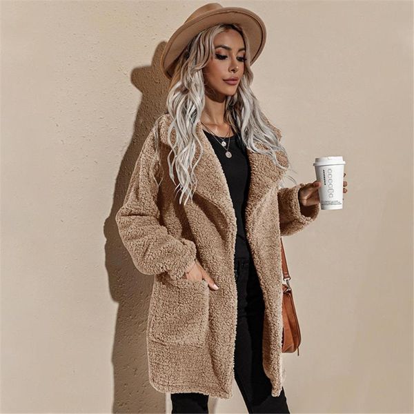 

women's fur & faux 2021 women luxury coat winter sherpa fluffy fleece cardigan lapel large pocket luxurious teddy robe, Black