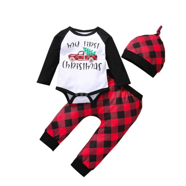 

clothing sets infant baby girls boys long sleeve romper + trousers hat, christmas cartoon plaid letter print elastic waist spring, White
