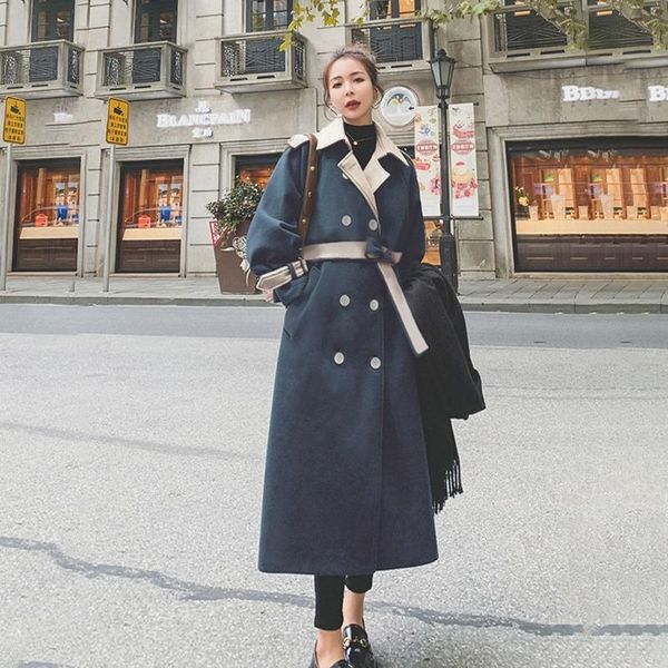 

women's wool & blends woolen coat long winter thick japanese hepburn style loose jacket plus size s-3xl, Black