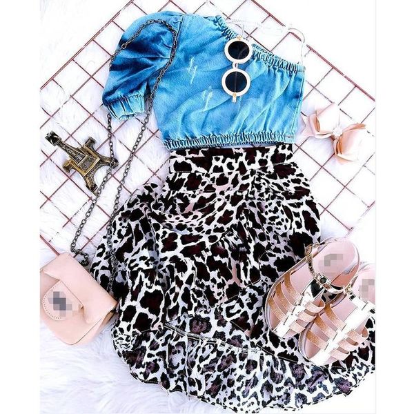 

clothing sets focusnorm infant girls autumn fashion clothes denim long sleeve one shoulder t shirts leopard ruffles a-line skirts 2-7y, White