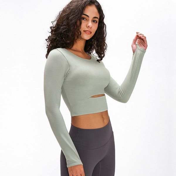 

yoga outfit women's crop with sleeve casual running training wear chest pad long t-shirts blouses gym