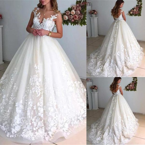 

other wedding dresses o-neck custom gorgeous a line backless white sleeveless tulle applique illusion zipper jewel princess bridal