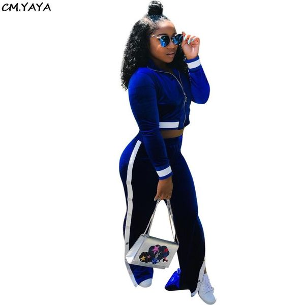 

women's two piece pants fashion long sleeve zip jackets side split button straight velvet pieces sets 2 colors suits lm9030, White