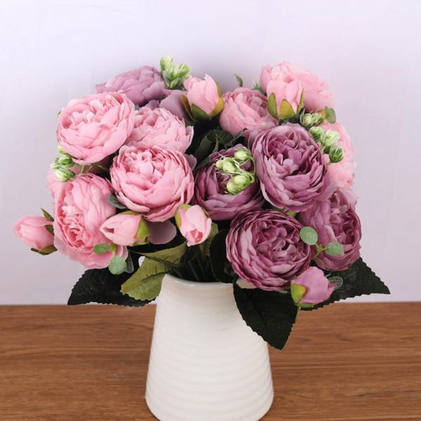 

decorative flowers & wreaths 30cm 5 big rose pink silk bouquet peony artificial heads 4 small bud bride wedding fake home decoration