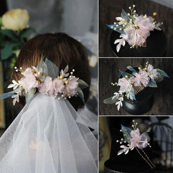 

other hp046 bridal headdress fresh green leaves sweet wild pink flowers bride hair comb, Golden;white