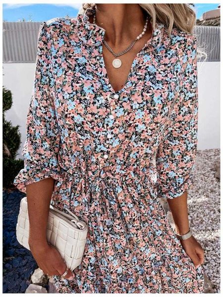 

2021 summer women vintage dress high waist ruffle lady casual dress v-neck elegant floral printed puff sleeve female dress p0809, Black;gray