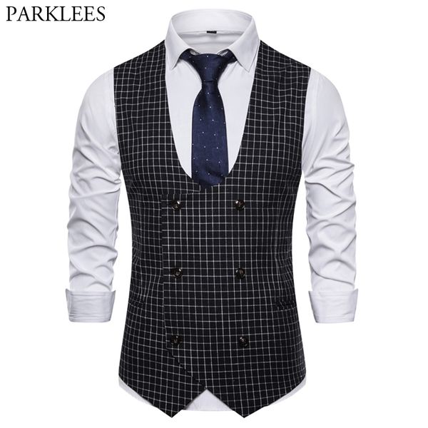 Mens Classic Plaid Suit Gilet Marca Doppio Petto Gilet Uomo Slim Fit Busienss Matrimonio Formale Tuxedo Gilet Uomo 210522