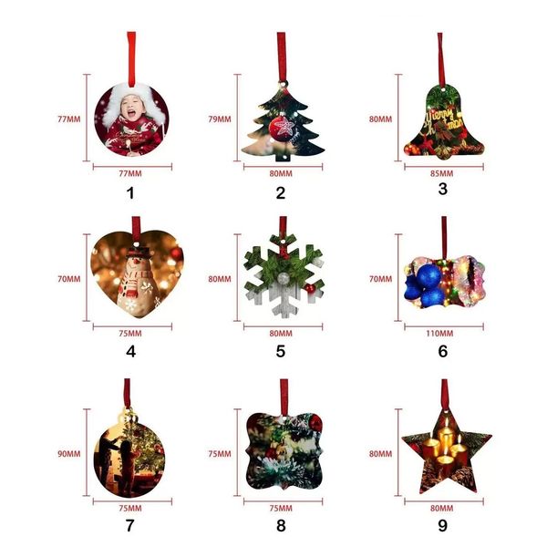 

new 2022 dhl sublimation blank christmas ornament double-sided xmas tree pendant multi shape aluminum plate metal hanging tag holidays decor