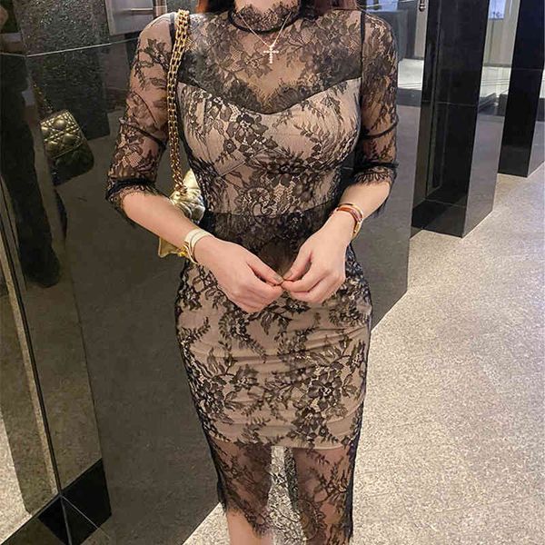 

arrival fashion party girl's club temperament neck perspective black lace background pencil dress, Black;gray