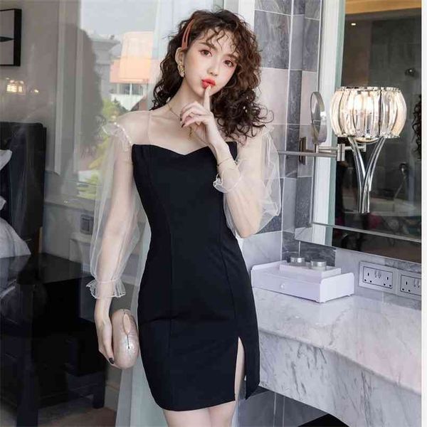 

women's spring and autumn dress square collar waist slim fit retro temperament mesh patchwork split mini black ml620 210506, Black;gray