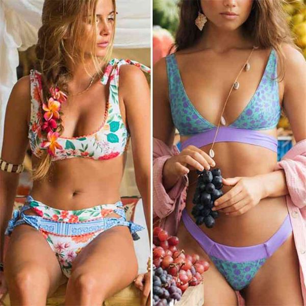 Zrtak Ruffle Bikini Floral Imprimir Swimsuit Biquinis Feminino Bow Swimwear Lace Set Bathing Terno Mulheres Bikins Hollow Out 210611