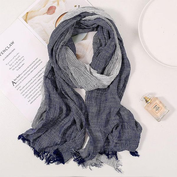 

scarves cotton and linen scarf female long solid color literature striped gradient retro tide, Blue;gray