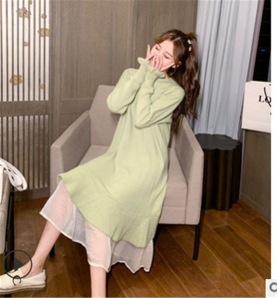 

womens knitting sweater dress fashion trend long sleeve high neck temperament length skirts designer female autumn white casual dresses, Black;gray