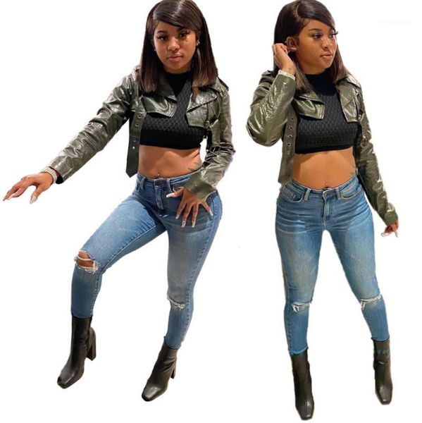 

women's jackets green pu faux leather casual cropped jacket women turn down collar long sleeve short coat moto biker zipper slim outwea, Black;brown