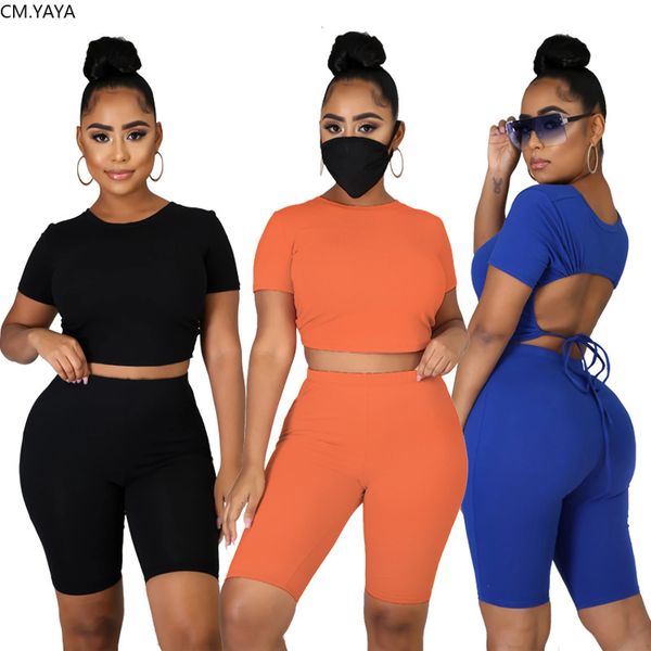 

woimen summer solid color classic two piece set open ba crop tee knee length jogger pants suit trasuit outfitby air, White