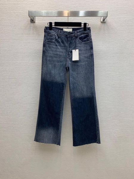 

washed denim cotton fabric asymmetrical contrast color trousers edge cut micro flared straight-leg jeans women's, Blue