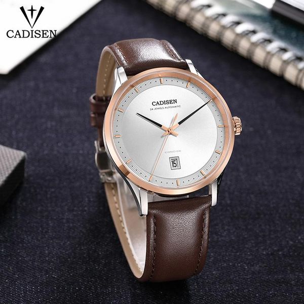 

design automatic mechanical mens watch leather waterproof men for wristwatch simple business calendar clock wristwatches, Slivery;brown