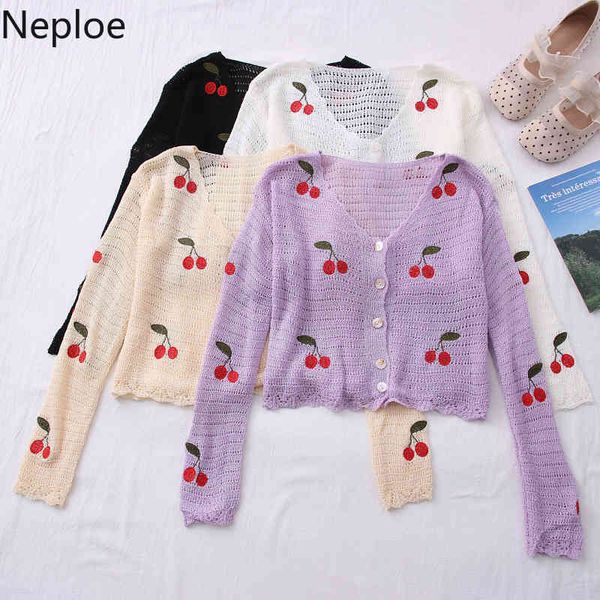 

neploe cropped cardigan sweet knitted sweaters embroidery cherry thin coat hollow out sun protection coat female 95087 210422, White