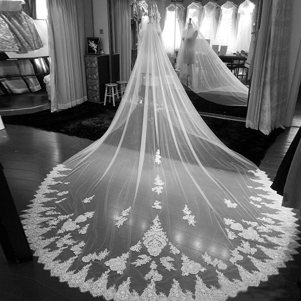 

bridal veils 3m length appliques wedding veil long 1t cathedral white ivory lace hem with comb width, Black