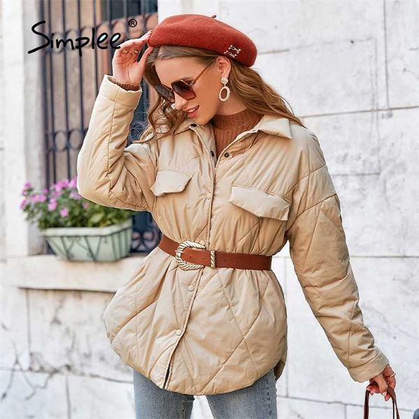 

elegant pattern button pocket women short coat winter office lady long sleeves lapel loose parkas female solid warm coat 210930, Black