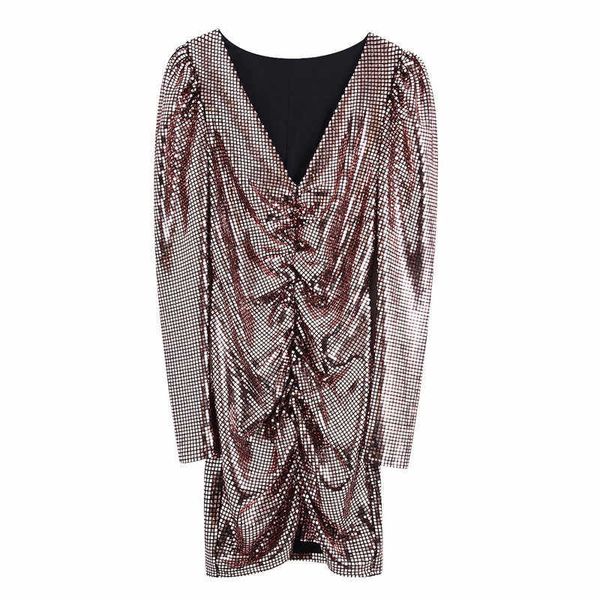 

sweet women party slim mini dress fashion ladies v-neck sequined dresses female chic draped puff sleeve vestidos 210527, Black;gray