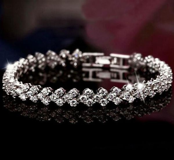 

luxury austria shining crystal bracelets genuine 925 sterling silver charms zircon diamond roman tennis link jewelry, Golden;silver
