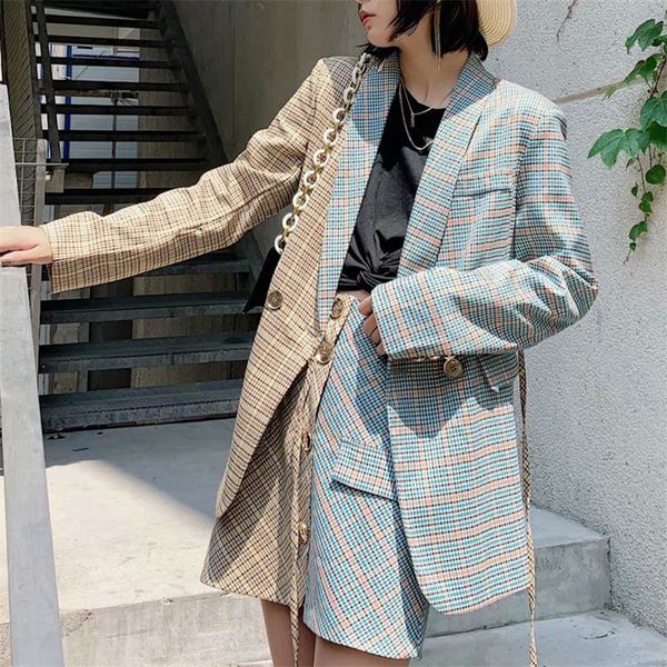 

vogue stylish lacing plaid patchwork office lady blazers coat women autumn notched collar long sleeve outerwear chaqueta 210430, White;black