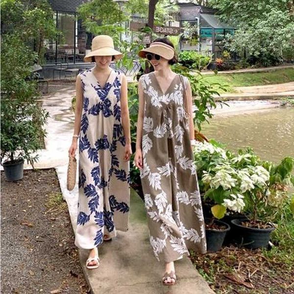 

summer retro temperament v neck leaf tank dress women printed holiday style beach ankle length 210610, Black;gray