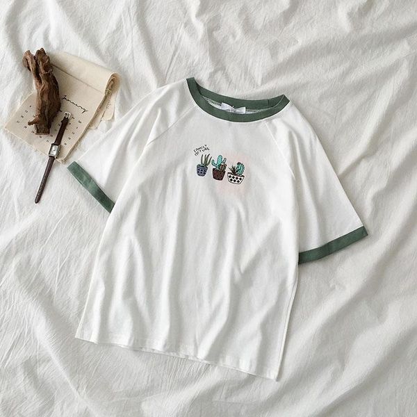 

women's t-shirt women summer t-shirts korean casual o neck short sleeve cactus print funny loose tees student hit color fresh tshirt 2, White