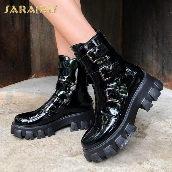

boots sarairis 2021 fashion motorcycle women shoes genuine leather belt buckle platform comfortable zipper ankle, Black