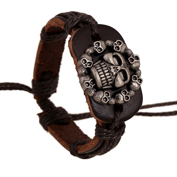 

good quality brown leather and hemp cords braided skull bracelets genuine leather bangles for women men punk wrist jewelry gifts, Golden;silver