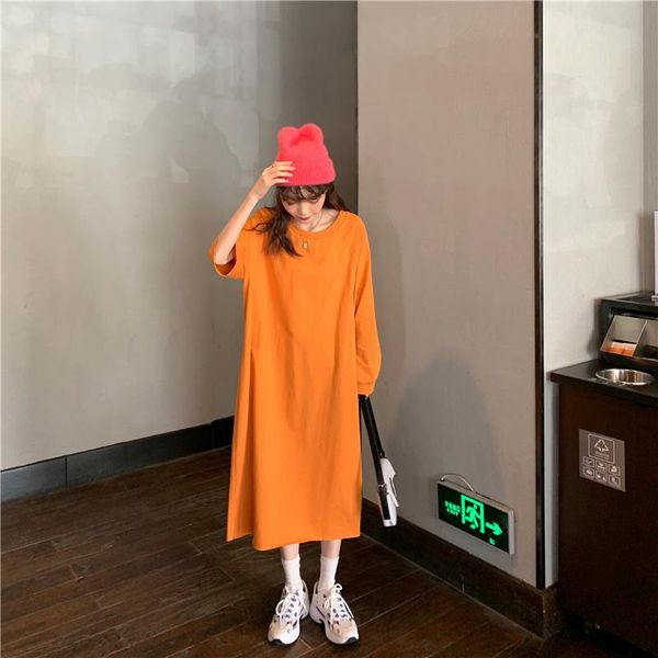 

casual dresses 2021 autumn college style letter printing loose asymmetric sleeve round neck straight t-shirt dress simple and fashionable, Black;gray