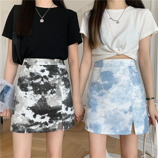 

skirts harajuku tie dye womens korean fashion clothing 2021 summer casual high waist a-line mini skirt ins hipster streetwear, Black