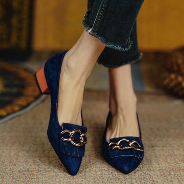 

dress shoes women pumps fringe casual chain shallow for high heels square heel pointed toe solid color fashion female footwear, Black