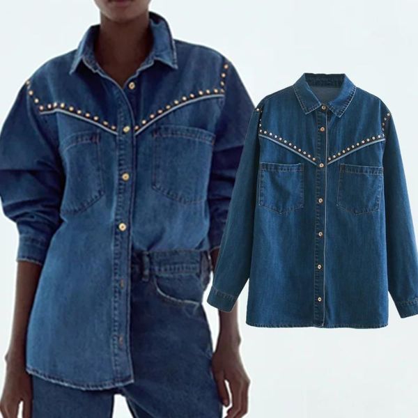 

women's blouses & shirts dave&di england style high street vintage oversize rivet denim blouse women blusas mujer de moda 2021 shirt, White