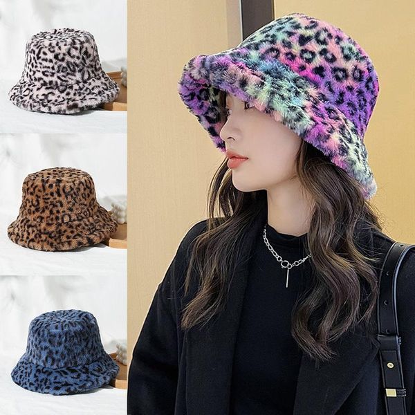 

wide brim hats fashion colorful leopard printed fisherman hat women female artificial fur bucket autumn winter outdoor sunscreen warm cap, Blue;gray