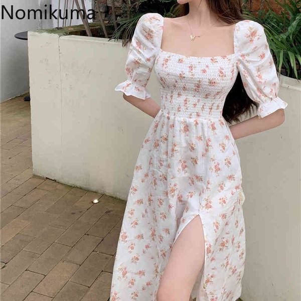 

nomikuma women vintage dress square collar short puff sleeve high waist dresses floral printed split design vestidos mujer 210514, Black;gray