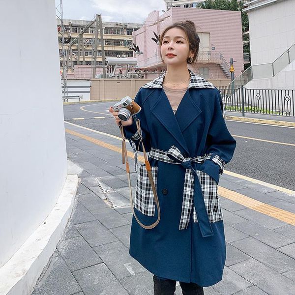 

women's trench coats windbreaker spring autumn british double-breasted mid-length ladies cloak big size plaid straight coat female, Tan;black