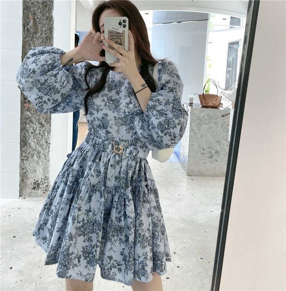 

korean spring women mini dress elegant floral printed lantern sleeve vestidos feminine chic with belt 210526, Black;gray