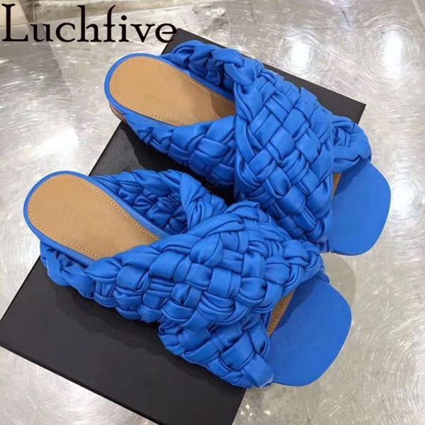

slippers summer outdoors for women purple blue black white square open toe mules cross woven leather flat shoes woman1 uaaj