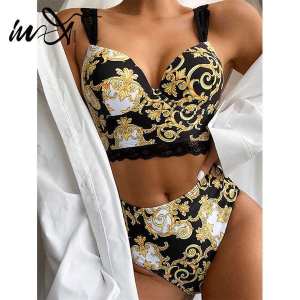 

swimwear in-x high waist paisley print bikini 2021 push up women underwire swimsuit female lace bikinis straps bathing suit, White;black