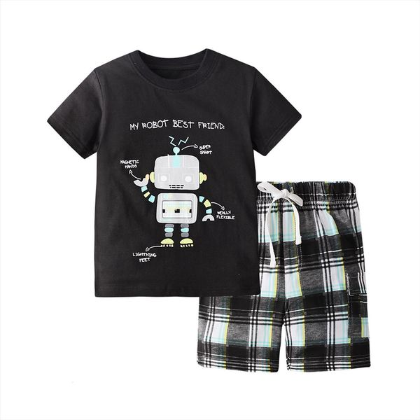 

2pcs kids summer tracksuit, robot print short sleeves t shirt plaid drawstring elastic waist shorts for boys, 2 8 years, White