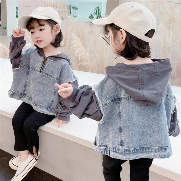 

spring autumn kids baby girls hoodies jacket fashion patchwork denim hooded coat korean style casual outwear children clothing jackets, Blue;gray