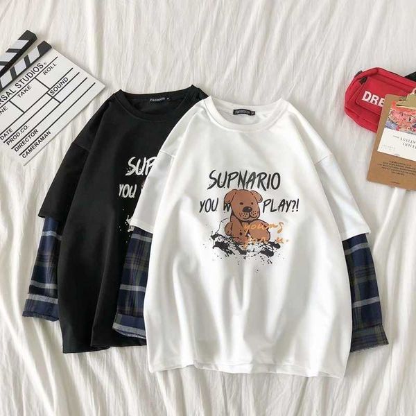 

hoodiesfake two-piece sweater boys' autumn korean version loose and versatile couple long sleeve t-shirt student tide brand casual bott, Black