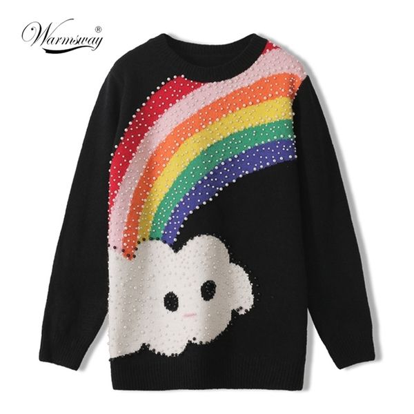 

luxury designer brand wool knitted pullover for women o neck brainbow pearl beading sweater c-194 210522, White;black