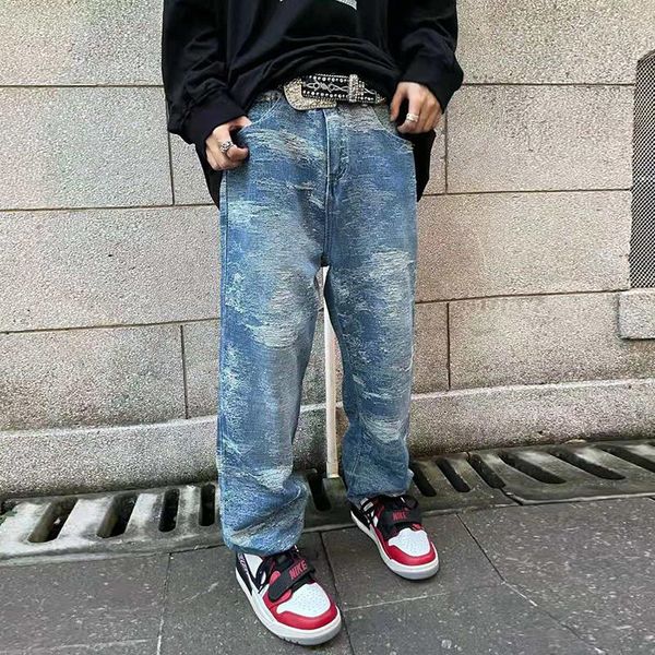 

men's jeans hip hop retro hole distressted washed blue mens harajuku straight ripped casual denim trousers oversize jean pants